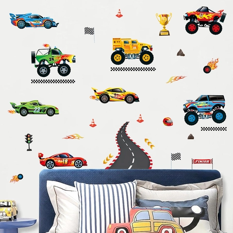 Racing Car Wall Stickers PVC Self-Adhesive Monster Truck Track Decals For Kids Boys Bedroom Playroom Cartoon Decor