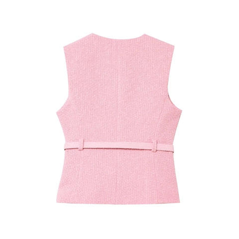 Chaleco Mujer Rosa Tweed Top Sin Mangas Cuello Redondo Botones Dorados Cinturón Vintage Elegante Retro Chic Moda Para Damas