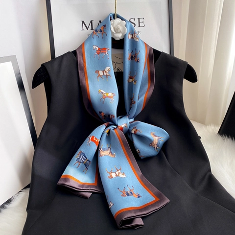 Mulberry Satin Narrow Long Scarf Equestrian Horse Print Elegant Hairband Neck Tie Fashion Accessories For Women