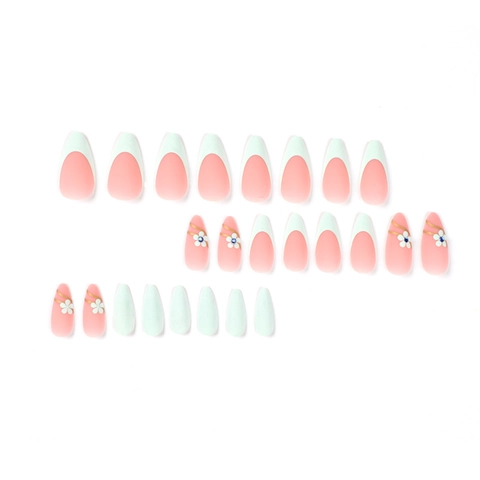 Press On Nails French Tip Matt Minzgrün Rosa Stiletto Falsche Nägel Mit Weißer Blume Goldener Linie Blauer Rheinkiesel
