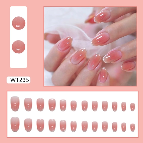 Oval Aufklebbare Nägel Französisch Rouge Ombre Rosa Glänzend Mit Silbernem Glitzer Maniküre Künstliche Falsche Nägel