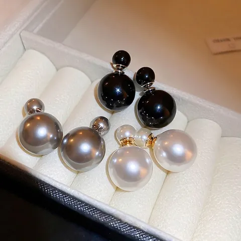 Double Sided Faux Artificial Pearl Earrings With Silver Earring Post Elegant Front And Back Two Ball Studs Fashion Jewelry For Women