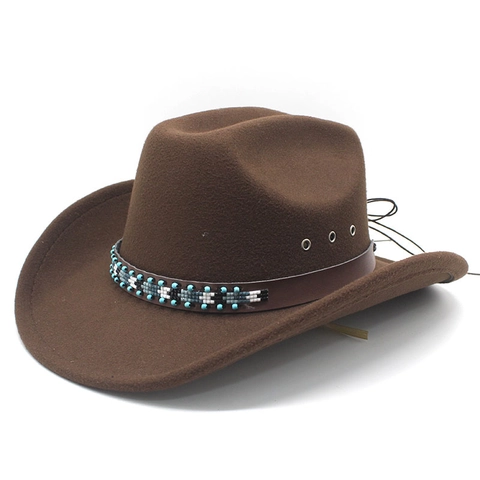 Western Cowboy Fedora Hat Cotton Polyester Felt Wide Brim Ethnic Beaded Leather Belt Bohemian Style Outdoor Sun Protection