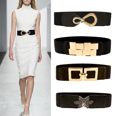 Women Elastic Waist Belt PU Leather Wide Cinch Belt Alloy Geometric Leaf Buckle Fashion Versatile Stretch Waistband For Dresses