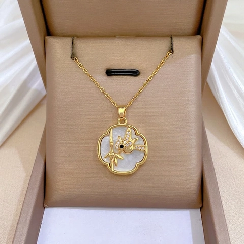 Magpie Bamboo Pendant Necklace Mother Of Artificial Pearl Shell Zircon Inlay Stainless Steel Titanium Chain Jewelry For Women