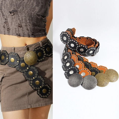 Damen Breiter Gürtel PU Leder Legierung Hammerschlag Schnalle Hohl Sechseck Boho Retro Western Punk Accessoire