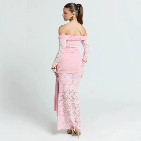 Off The Shoulder Kant Maxi Jurk Roze Lange Mouwen Mesh Patchwork Geplooide Sjerp Slim Fit Sexy Elegant Dames