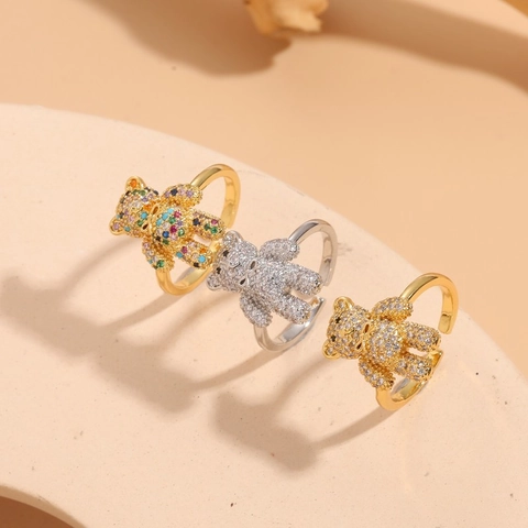 Fashion Copper Zirconia Teddy Bear Open Ring For Women Elegant Gold Silver Plated Animal Bear Adjustable Finger Ring Jewelry Gift