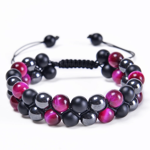 Double Layer Beaded Bracelet Natural Tiger Eye Stone Hematite Matte Agate Adjustable Braided Cord Unisex Fashion