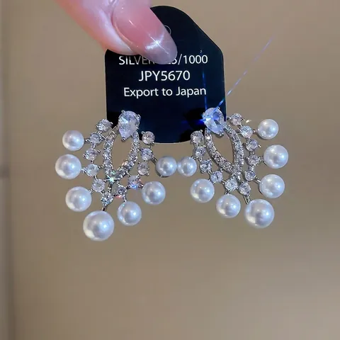 French Vintage Waterdrop Zirconia Artificial Pearl Stud Earrings For Women With Silver Earring Post Luxury Palace Style Jewelry