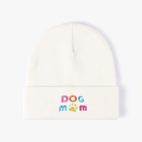 Dog Mom Embroidered Knitted Beanie Hat Acrylic Warm Winter Ribbed Cap With Colorful Lettering And Paw Print Unisex