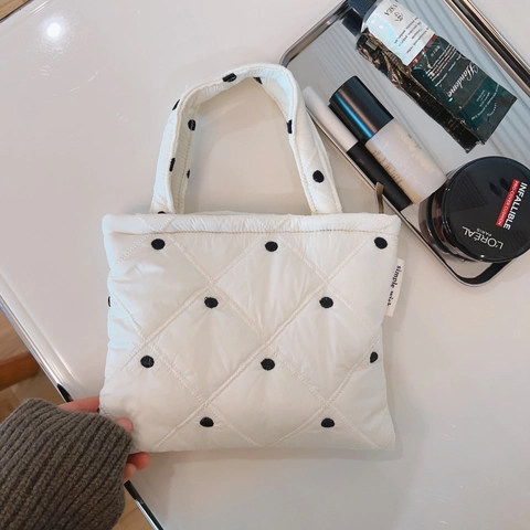 Mini Borsa A Mano Tessuto In Piumino Trapuntato Ricamo Conchiglia Pizzo Chiusura Lampo Piccola Borsa Tote Donna Stile Francese