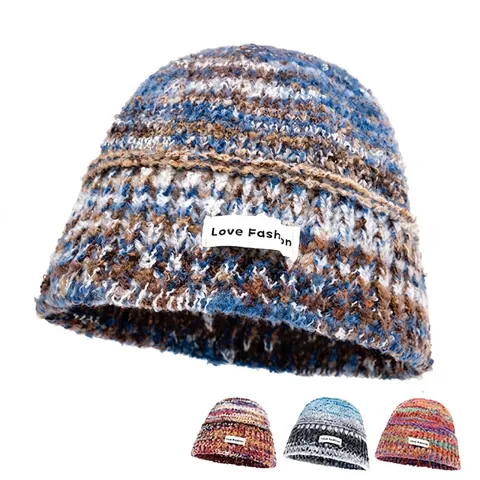 Women Knitted Bucket Hat Colorful Gradient Mixed Color Acrylic Warm Winter Fisherman Cap Fashion Patch Retro