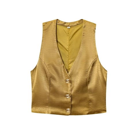 Completo In Satine Da Donna Oro Gilet Senza Maniche E Pantaloni Larghi A Vita Alta Con Cintura Eleganza