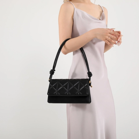 Trendy Quilted PU Leather Crossbody Bag For Women Geometric Pattern French Style Small Square Shoulder Bag With Knot Strap Fashion Minimalist Bag