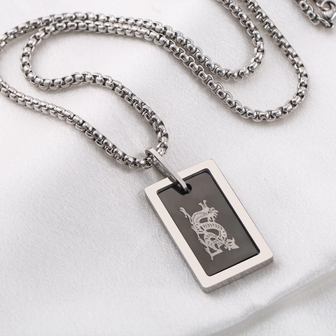 Men Stainless Steel Dragon Pattern Square Pendant Necklace Black Inlay Hip Hop Punk Vintage Streetwear Jewelry