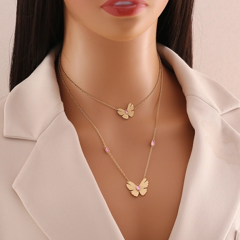 Collana Con Ciondolo A Farfalla A Doppio Strato Acciaio Inossidabile Con Gemma Rosa Gioielli Di Moda Per Donna Stile Trendy