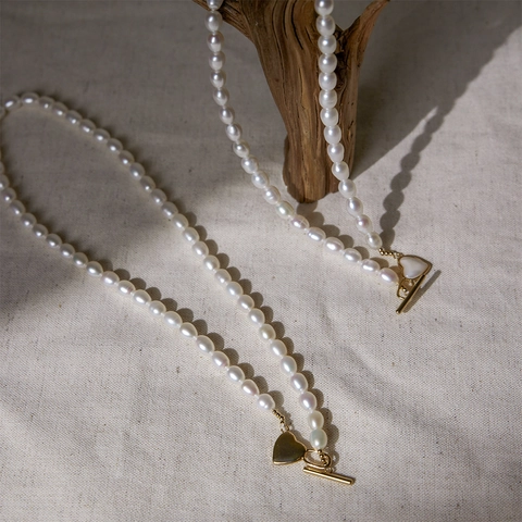 Freshwater Pearl Necklace With Heart Shell Pendant Gold Plated Copper Toggle Clasp Elegant Clavicle Chain Jewelry For Women