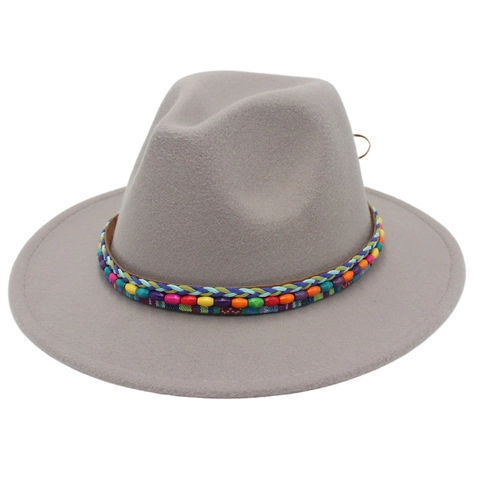 Wide Brim Fedora Hat Woolen Felt Bohemian Ethnic Woven Band Colorful Beads Jazz Cap For Men Women