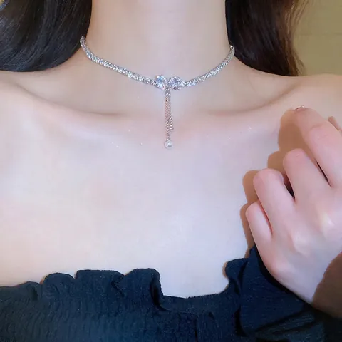 Zirkon Schleife Künstliche Perle Quaste Halskette Kupfer Herz Anhänger Schlüsselbein Kette Elegante Schmuck Für Frauen