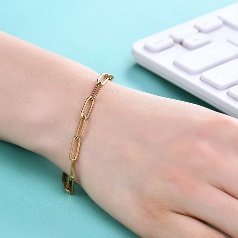 Pulsera Minimalista de Acero Inoxidable con Eslabones de Clip para Mujer Hombre Baño en Oro 14K Cadena Rectangular Geométrica Joyería