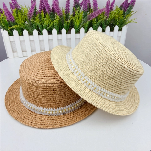 Cappello Di Paglia Boater Donna Protezione Solare Spiaggia Tesa Piatta Pizzo Künstliche Perle Artificiali Stile Pastorale
