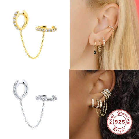 925 Sterling Silver Chain Hoop Earring And Ear Cuff Cubic Zirconia Minimalist Jewelry For Women