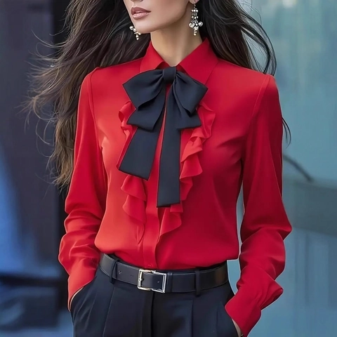 Women Elegant Long Sleeve Blouse Bow Tie Ruffle Design Solid Color Office Commute Polyester Satin Texture Shirt Top