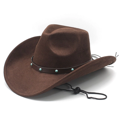 Western Cowboyhoed Suède Polyester Etnische Stijl Turkoois Kraal Lederen Band Brede Rand Windtouw Retro