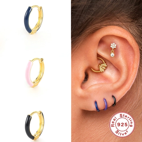 Minimalist 925 Sterling Silver Hoop Huggie Earrings Gold Plated Colorful Enamel Geometric Fashion Jewelry For Women