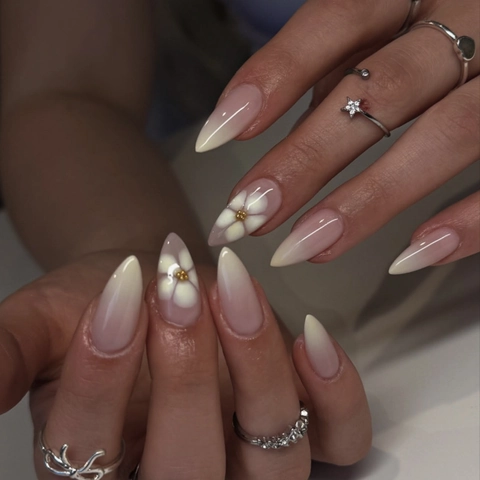 Press On Nails Amandelvorm Witte Bloem Roze Verloop Glanzend Lange Manicure Kunst Mode Voor Vrouwen