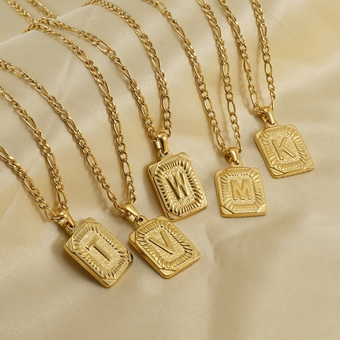 Collana Pendente Lettera Iniziale Acciaio Inossidabile Placcato Oro 18K Quadrato Alfabeto Catena Figaro Gioielli Hip Hop