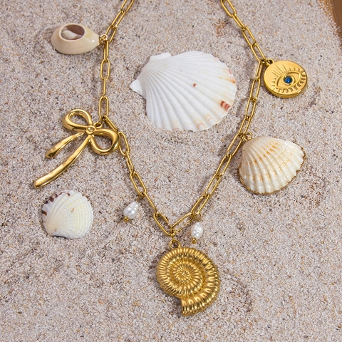 Stainless Steel 18K Gold Plated Shell Evil Eye Artificial Pearl Pendant Necklace Heart Conch Bow Bohemian Jewelry For Women Waterproof