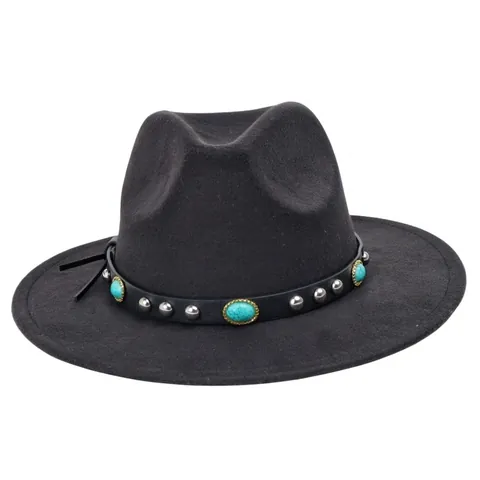 Western Fedora Hat With Turquoise Studded Leather Band Vintage Wide Brim Ethnic Style Cowboy Jazz Felt Hat
