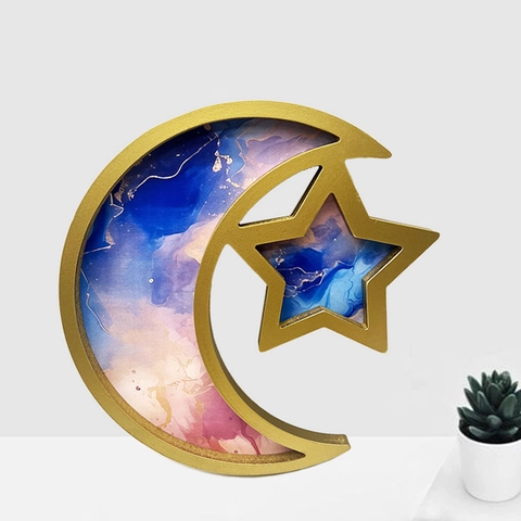 Moon Star Wooden Dessert Tray Ramadan Kareem Eid Mubarak Festive Ornament Serving Plate Desktop Decoration