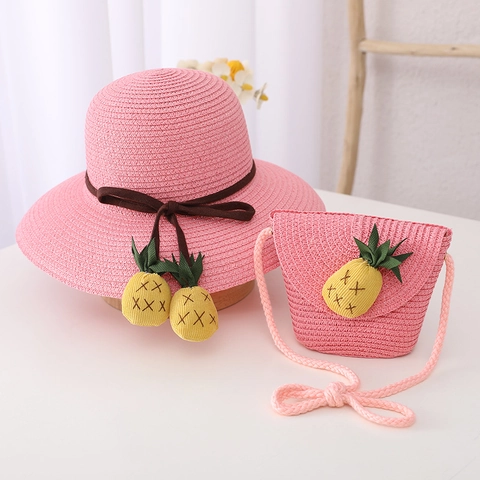 Cappello Di Paglia E Borsa A Tracolla Bambini Decoro Ananas Paglia Di Carta Fiocco Stile Genitore-Figlio Per Bambine