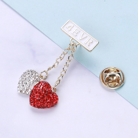 Broche Pendentif Double Cœur Alliage Strass 4EVR Lettre Épingle De Revers Bijou Mignon Cadeau Pour Femmes