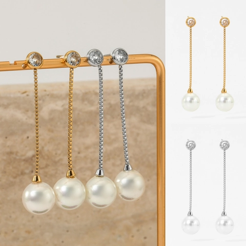 Pendientes Largos De Borla Para Mujer Con Circonita Y Perla Artificial De Concha Poste De Acero Inoxidable Cadena De Caja Elegante