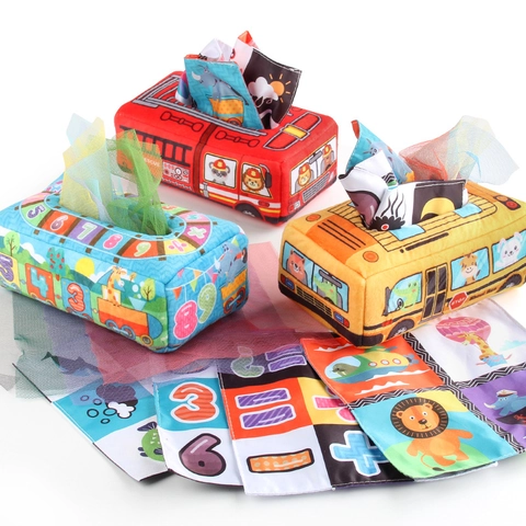 Juguete de Caja de Pañuelos Sensorial para Bebé Poliéster Suave Montessori Juguetes Educativos Libros de Tela Tema de Vehículo