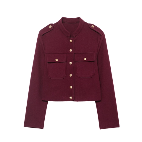 Women Short Jacket Wine Red Polyester Woolen Look Stand Collar Gold Buttons Military Style Elegant Fashion Outerwear