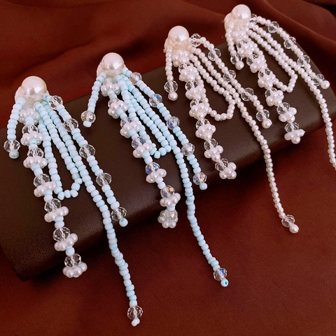 Pendientes Largos De Borla Con Imitación De Perla Artificial Cuentas De Cristal Y Poste De Plata Estilo Elegante Para Mujer
