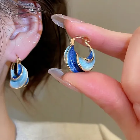 Verdrehte Spiralen Hoop Ohrringe Blau Farbverlauf Emaille Gold Metall Geometrischer Modeschmuck Damen Mit Stahl Ohrenstecker