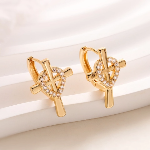 Orecchini a Cerchio in Rame Vintage con Cuore e Croce per Donna Placcati Oro Argento Intarsiati con Zirconi Gioielli di Moda