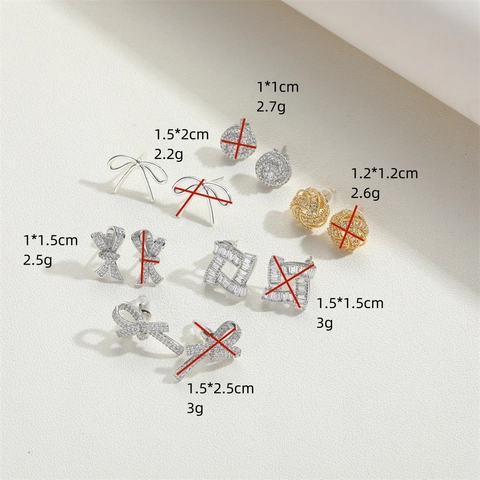 French Vintage Copper Zirconia Bow Stud Earrings For Women Individual Fashion Geometric Square Flower Earrings Jewelry Gift