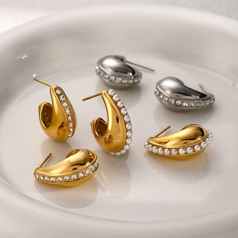 Pendientes de Aro en Forma de C de Acero Inoxidable Minimalistas para Mujer Bañados en Oro de 18K Strass Perla Artificial Joyas de Moda