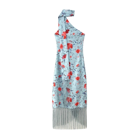 Damen Ein Schulter Blumen Maxikleid Mit Fransen Asymmetrisch Elegant Satin Druck Abendgesellschaft Kleid