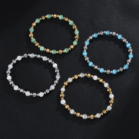 Fashion Stainless Steel Bracelet Cat Eye Effect Beaded Bracelet For Women Waterproof Elastic Artificial Pearl Jewelry