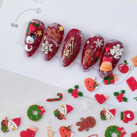 3D Kerst Nagelstickers Met Reliëf Zelfklevende Decals Winter Vakantie Decoratie Cartoon Kerstman Peperkoekman