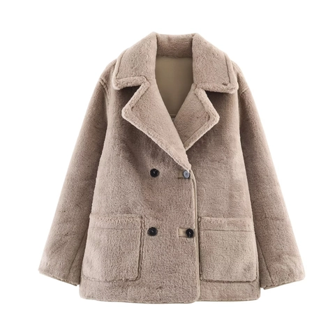 Dames Omkeerbare Kunstleren Jas Bontgevoerde Shearling Mantel Revers Double-Breasted Lange Mouw Warme Winter Streetwear Outerwear