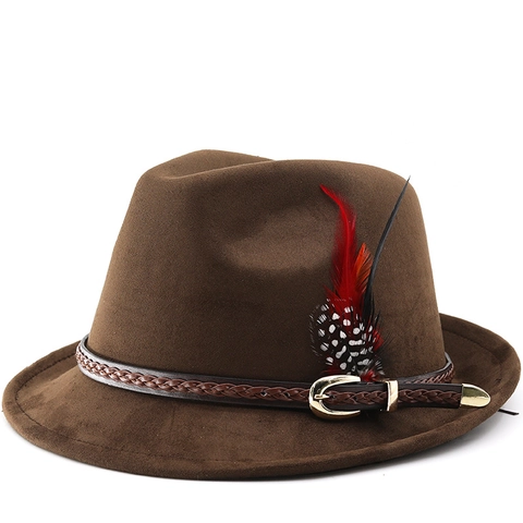 Cappello Fedora Classico In Camoscio Con Fascia In Pelle Intrecciata E Decorazione Di Piume Western Jazz Cappello Elegante